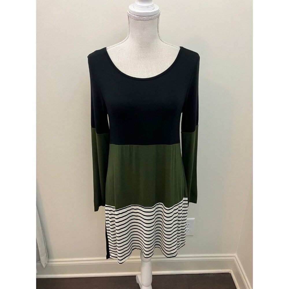 Viamor Long Sleeve Black Green Striped Hi Low Dress Size Small